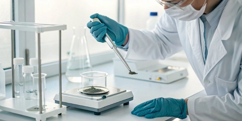Proper use of a laboratory balance A scientist carefully placing a sample onto a lab balance using tongs to ensure accuracy