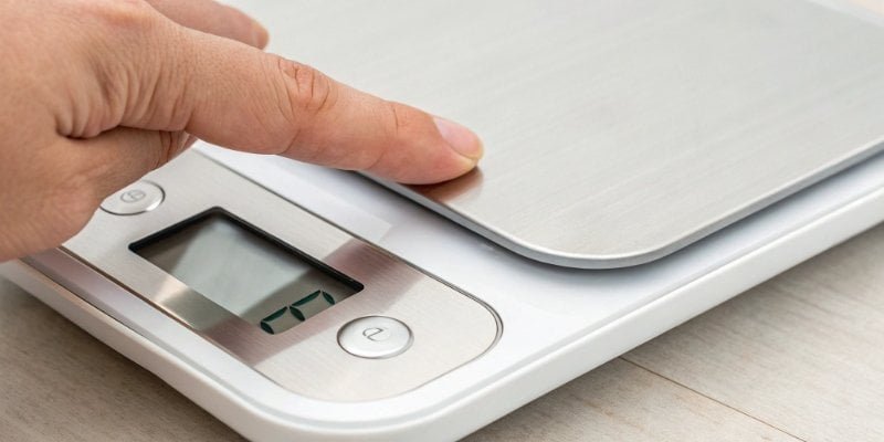 Resetting an electronic scale A finger pressing the power button on an electronic scale after a reset.