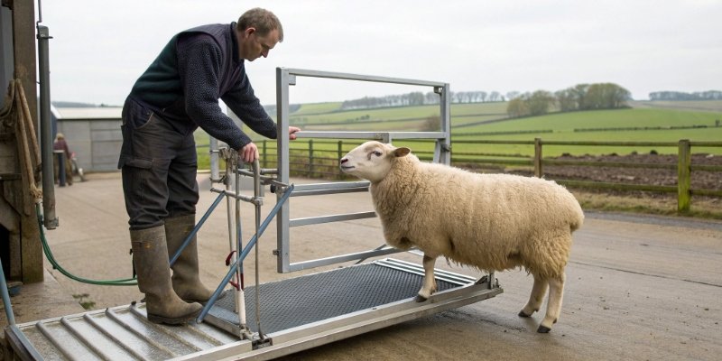 How to Weigh a Sheep A farmer calmly guiding a sheep onto a weigh crate scale on level ground.