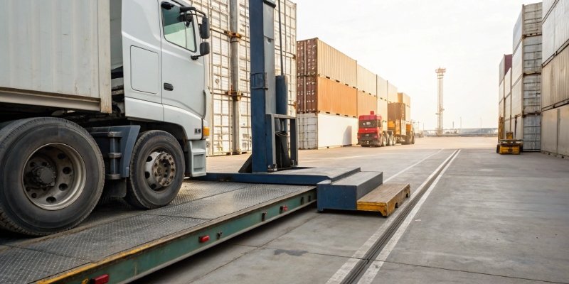 An industrial vehicle scale weighing a large truck at a logistics hub