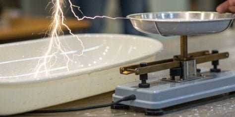 A close-up shot showing static electricity crackling between a plastic weighing boat and the pan of a lab balance.