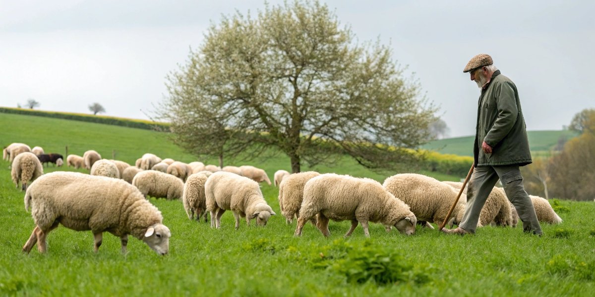 Checking on a flock of sheep A farmer visually inspecting a flock of sheep in a field.