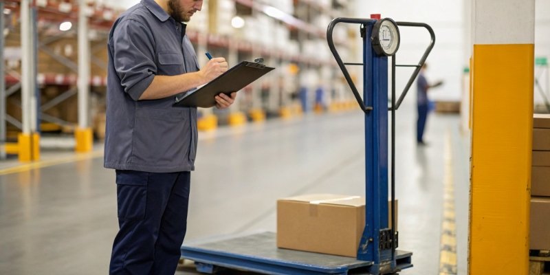Warehouse Scale Maintenance Checklist A warehouse worker with a clipboard checking off a maintenance list next to a scale