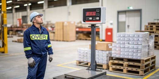 Overload Scale Error Example A warehouse worker looking confused at a floor scale with an 'Over' message.