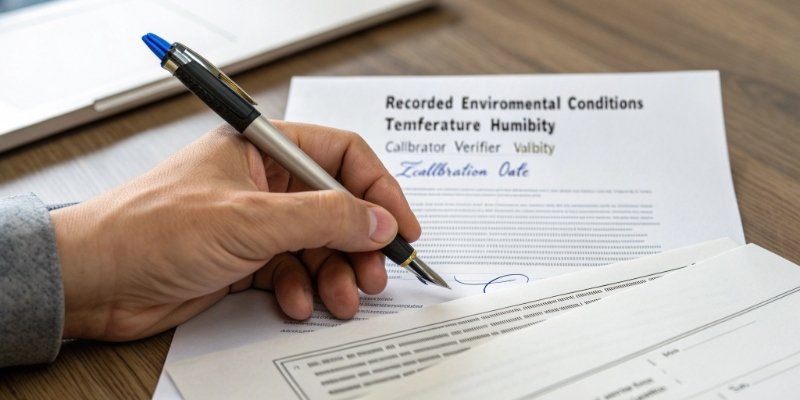 Signing a Calibration Certificate A hand signing a formal document with a pen