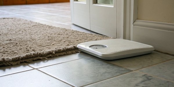 A bathroom scale placed half on a rug and half on a tile floor