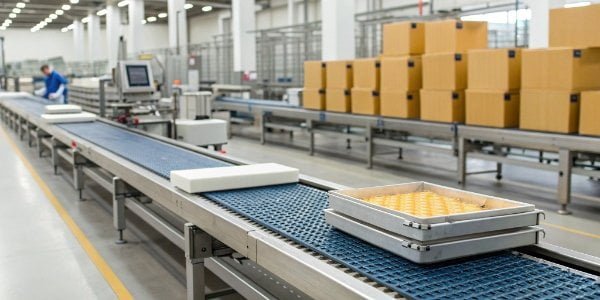 A production line running smoothly with a well-maintained industrial scale in the foreground