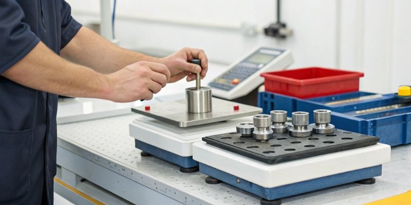 Testing an Industrial Scale for Accuracy with Certified Weights A quality control technician placing certified calibration weights on different parts of a scale platform to test for accuracy.