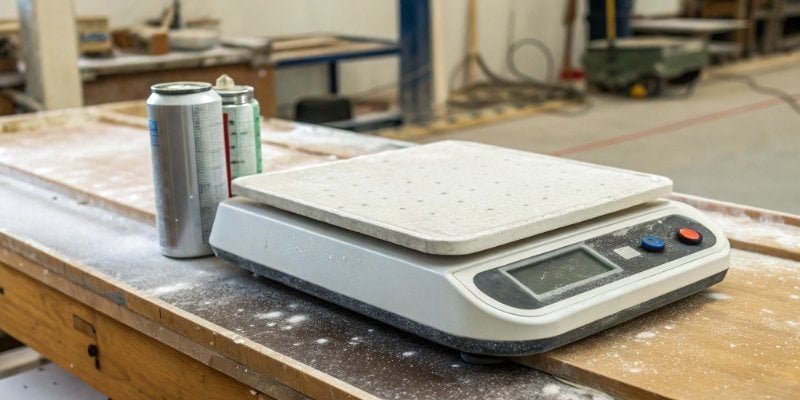 A digital scale on a workbench with a can of compressed air nearby.