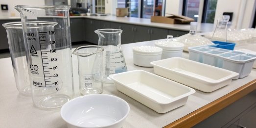 Proper Containers for Weighing Chemicals An assortment of lab weighing containers like beakers, weighing boats, and porcelain dishes.