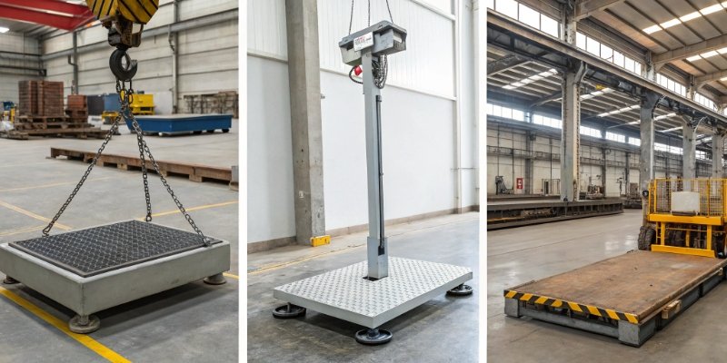 Bench, Floor, and Crane Scales A collage showing a bench scale, a floor scale, and a crane scale in industrial settings.