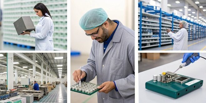 Industries Using Counting Scales A collage of different industries using counting scales: electronics assembly, pharmacy, and warehouse inventory