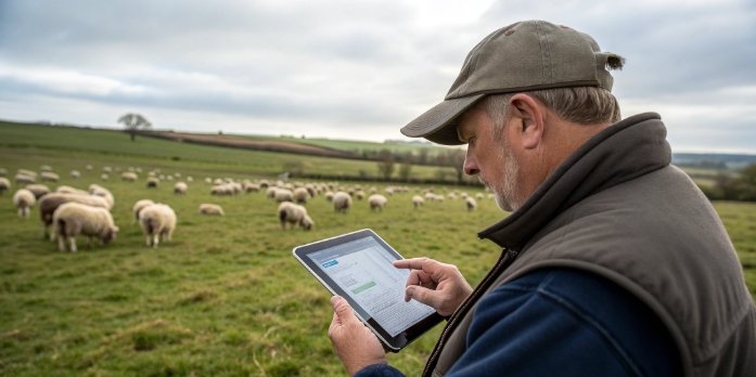 Using Data for Sheep Breeding Decisions A farmer reviewing breeding data on a tablet in a field with sheep.