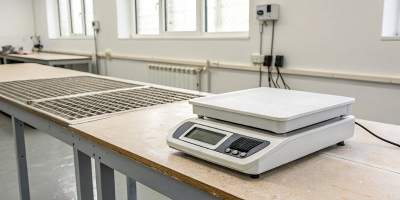 Drying a Wet Digital Scale A digital scale sitting on a workbench in a dry, ventilated room with a "do not use" sign