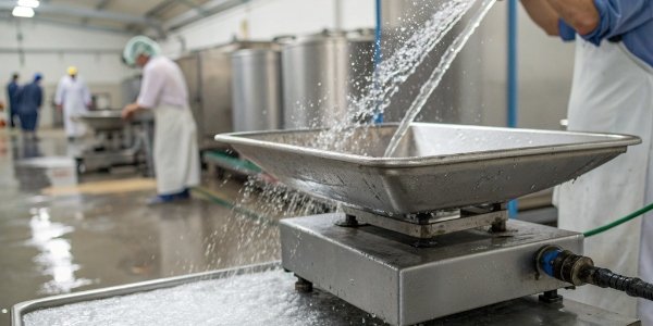 Choosing a Scale for Your Operating Environment A stainless steel industrial scale being hosed down with water in a food processing facility.