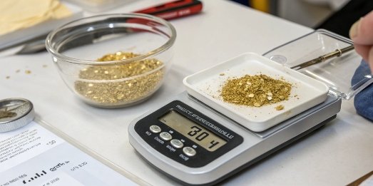 Precision Jewelry Scale A high-precision jewelry scale weighing gold dust in a container