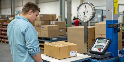 Why a Scale is Inaccurate A person looking confused at a shipping scale that shows two different weights for the same box.