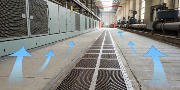 An illustration showing arrows representing vibration, wind, and radio waves all pointing at an industrial scale.