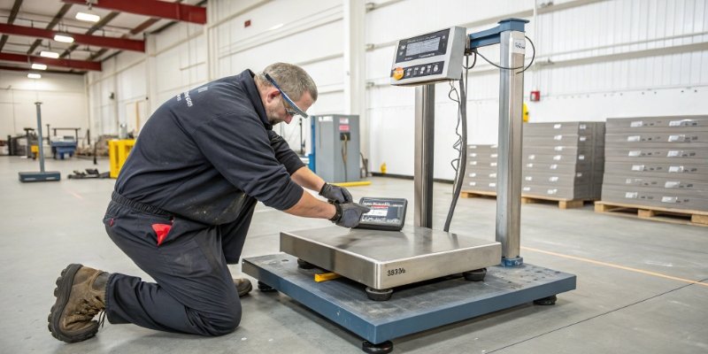 Professional Scale Calibration Service A certified technician calibrating a large industrial scale with test weights