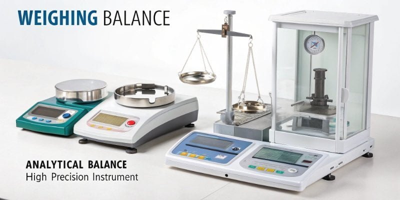 The Family of Weighing Balances An infographic showing different types of balances under the umbrella term 'Weighing Balance'.