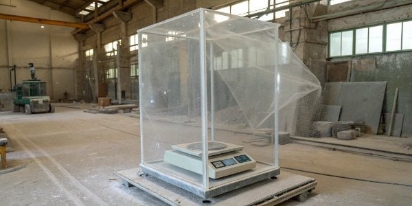 Protecting Scales from Environmental Damage A digital scale inside a clear protective enclosure in a dusty factory setting