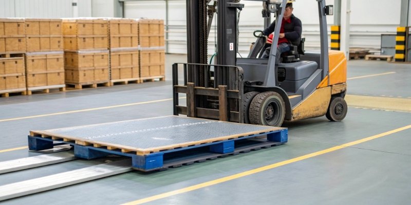A forklift placing a pallet onto a large floor scale in a logistics warehouse