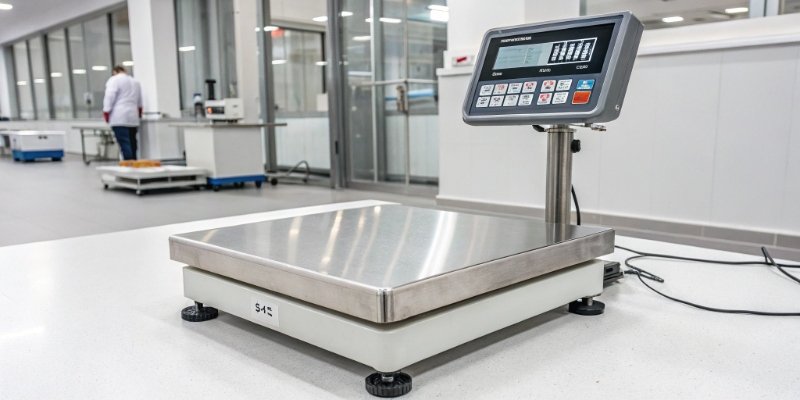 Accuracy of Industrial Weighing Scales An industrial scale in a cleanroom environment, showing its sturdy construction and digital display.