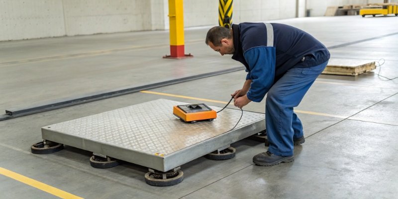 Calibrating a Scale for Accuracy A technician using certified weights to calibrate an industrial floor scale.