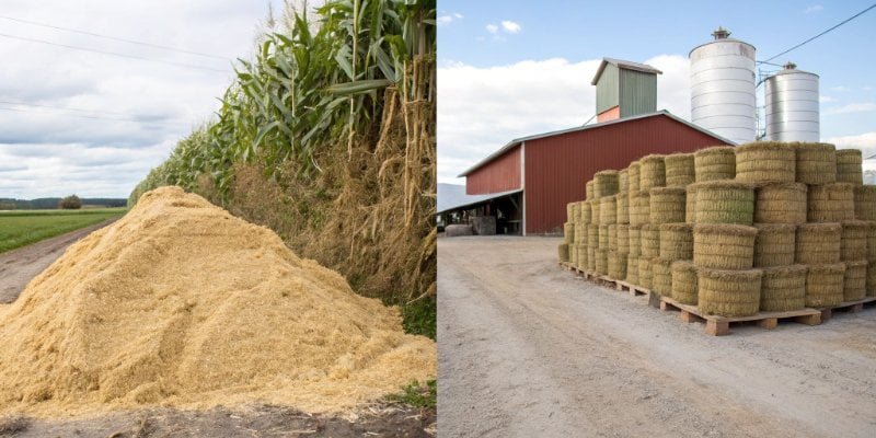 Best Feed for Sheep Weight Gain A split image showing high-energy concentrate feed on one side and roughage like hay on the other