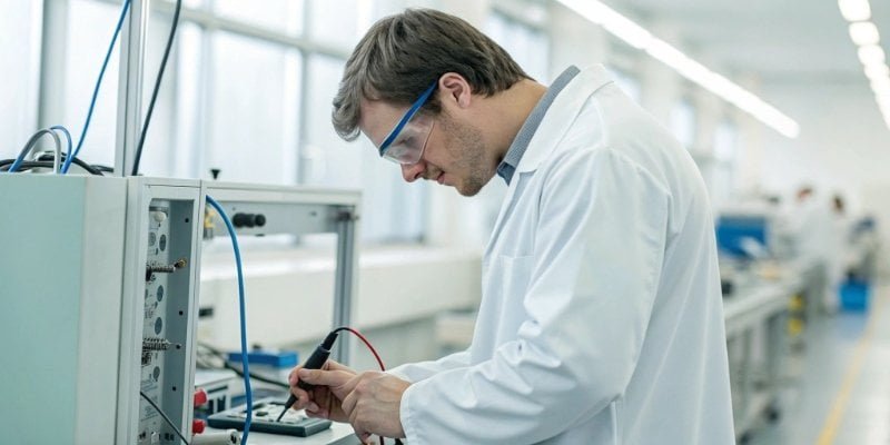 Product Compliance Testing A quality control inspector testing electronic equipment in a lab.
