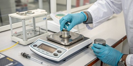 Calibrating a Lab Balance A technician carefully placing a certified calibration weight onto the center of an analytical balance pan.