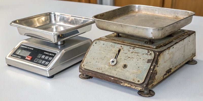 A new, robust stainless steel scale next to an older, worn-out model.