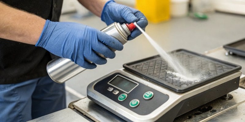 Close-up of a technician cleaning the digital display of a scale
