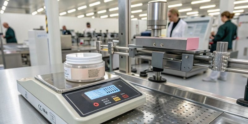 Precision Checkweigher for Cosmetics A small cosmetic product being weighed on a high-precision checkweigher