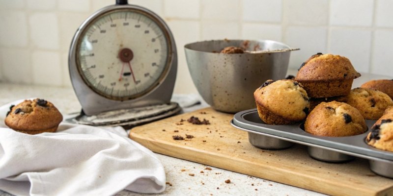 Consequences of Taring Mistakes A failed batch of baked goods next to a weighing scale showing an error