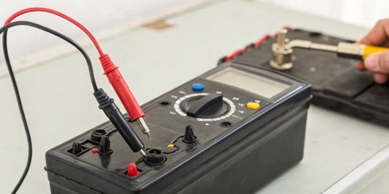 Testing a scale battery with a multimeter A multimeter testing the voltage of an AA battery.