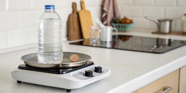 A bottle of water and a coin on a kitchen scale for home calibration