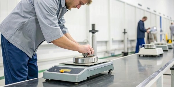 Proper Scale Calibration A technician placing a certified calibration weight on an industrial scale