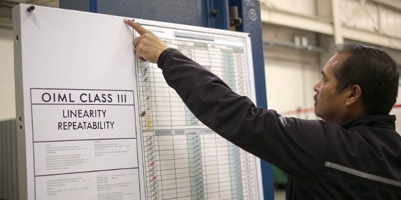 Reading Scale Technical Specifications A person pointing at a technical specification sheet for an industrial scale.