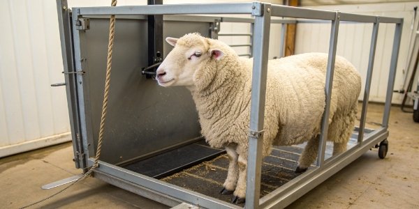 Getting a Sheep to Stand Still A sheep standing calmly inside a weigh crate attached to a digital scale.
