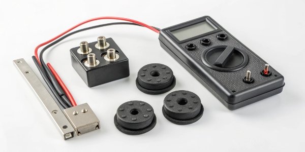 Essential Load Cell Testing Equipment. A flat lay of the essential equipment: power supply, multimeter, a standard weight, and a small metal fixture.