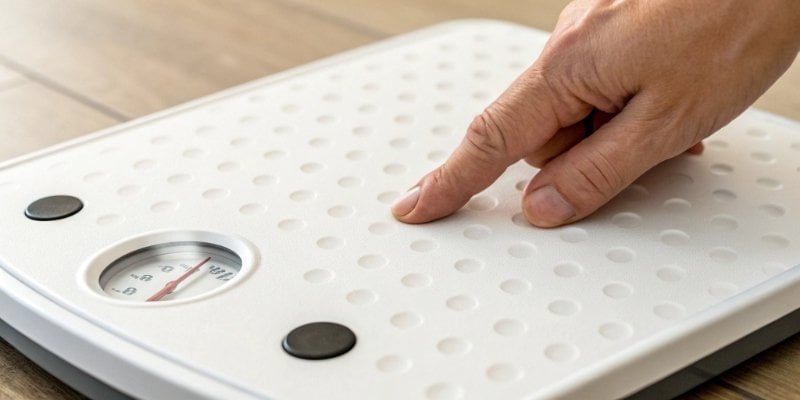 Resetting a Weighing Scale A finger pressing the reset button on a weighing scale