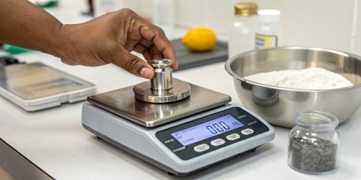 Scale Accuracy Test with Calibration Weight A hand placing a certified calibration weight on a digital scale