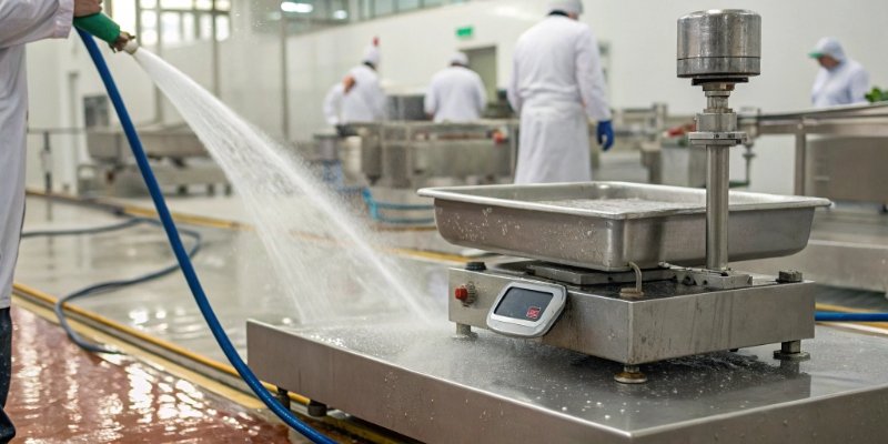Waterproof Scale for Harsh Environments A stainless steel waterproof scale being hosed down in a food processing facility