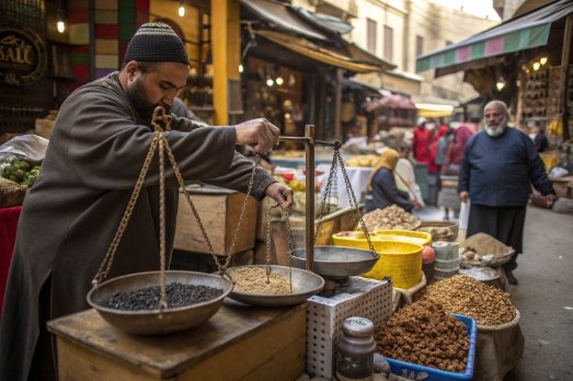 Weighing's Impact on Ancient Commerce A bustling ancient market scene with merchants using scales