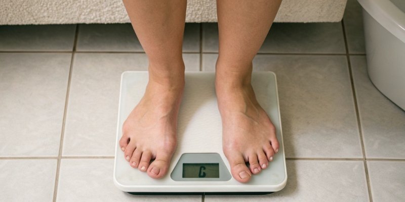 Overload Message on a Bathroom Scale A person's feet on a bathroom scale with the display showing an "Overload" error.