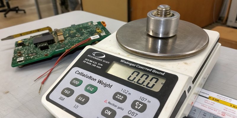 Scale Calibration Error A standard calibration weight on a scale showing an incorrect reading