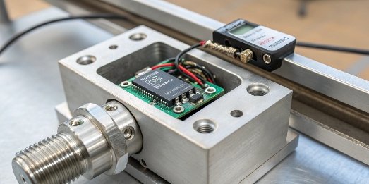 A close-up shot of a strain gauge load cell used in an industrial scale.