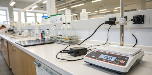 Scale Plugged In A digital scale plugged into a wall socket in a lab environment