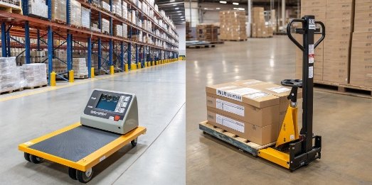 A side-by-side comparison of a large, stationary floor scale and a mobile pallet jack scale in a warehouse aisle.